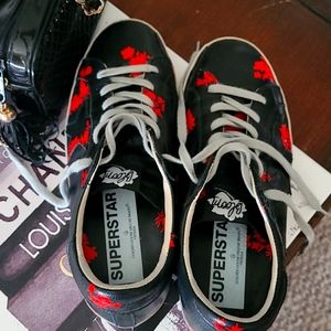 Golden Goose Deluxe Brand Bloom Superstar Low Top Sneakers Black Red Sz 39 US8
